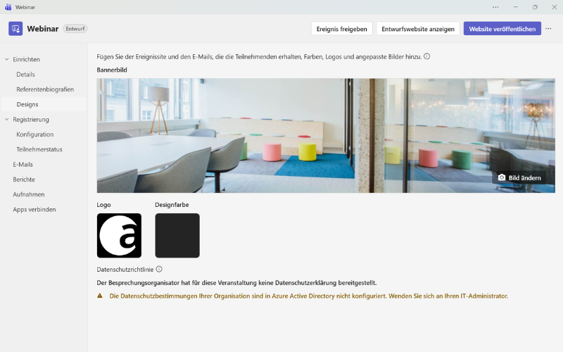 Teams Premium: Webinare im Firmendesign